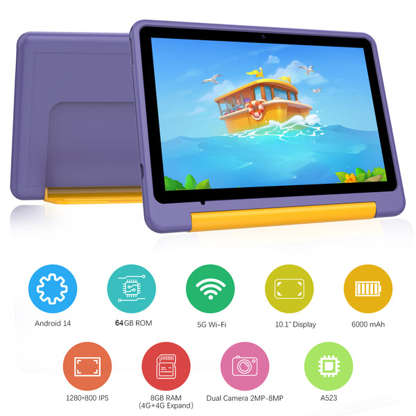 Children's Educational Tablet Android 15, 10 inch screen 64GB Purple/ Blue