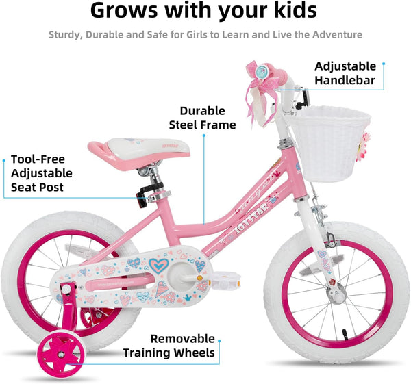 JOYSTAR Pink/White Angel Girls Bike for Toddlers and Kids Ages 2-9 Years Old, 14 16 Inch Kids Bike with Training Wheels & Basket