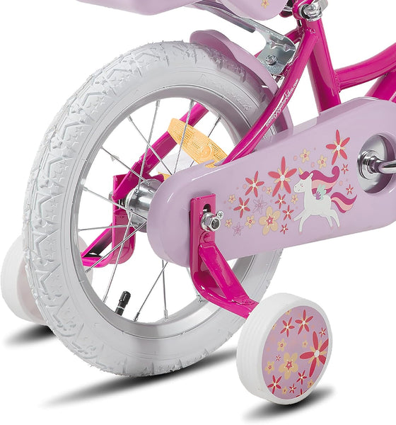 JOYSTAR New Unicorn 12/14/16/18 inch children's bike for 3-9 year old girls, girls' children's bike with doll's bike seat & training wheels & basket streamer, 18 inch with training wheels & kickstand