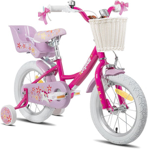 JOYSTAR New Unicorn 12/14/16/18 inch children's bike for 3-9 year old girls, girls' children's bike with doll's bike seat & training wheels & basket streamer, 18 inch with training wheels & kickstand