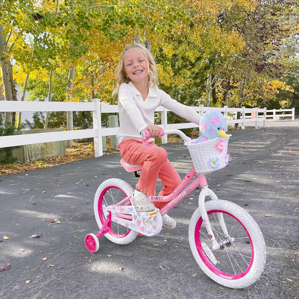 JOYSTAR Pink/White Angel Girls Bike for Toddlers and Kids Ages 2-9 Years Old, 14 16 Inch Kids Bike with Training Wheels & Basket