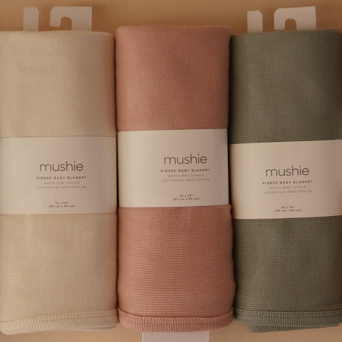 Mushie Organic Cotton Ribbed Baby Blanket- Blush/ Ivory/ Roman Green