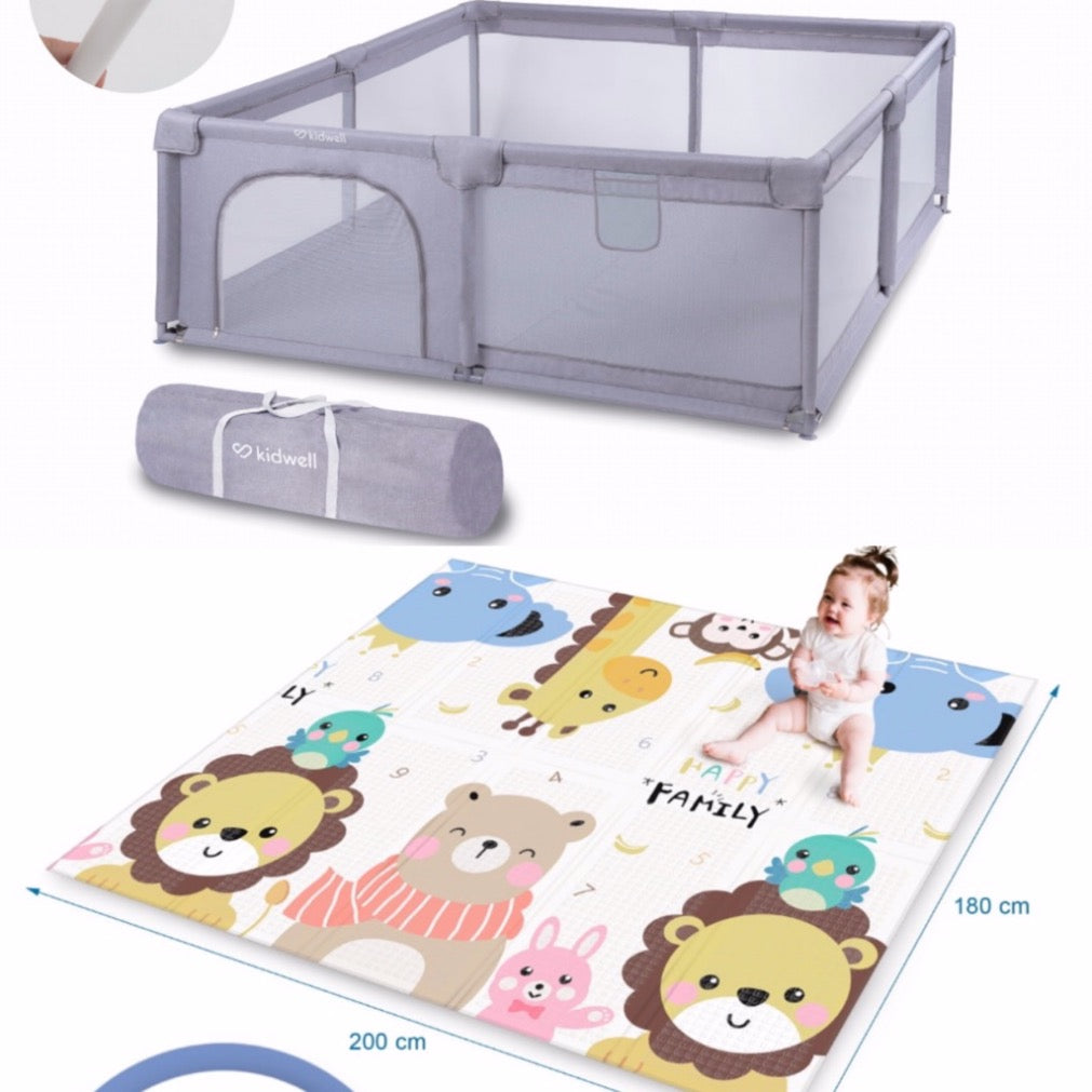 Kidwell BUNDLE: Fanko Extra Large Playpen, Grey + Inda Folding Educational Play Mat, Alphabet (180 x 200 cm)