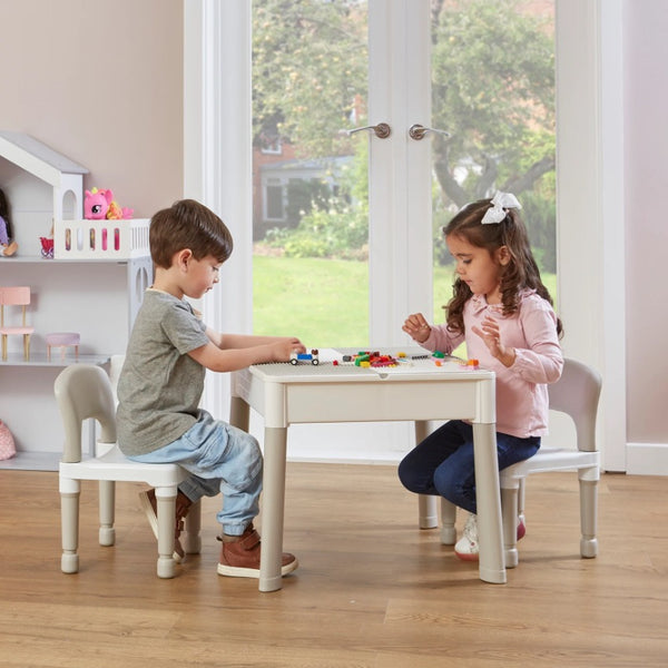 Liberty House 5 in 1 Multipurpose Activity Table & 2 Chairs Set, Grey/White- 2 FREE tubs of natural Playdough of Wonderdough+2 cutters