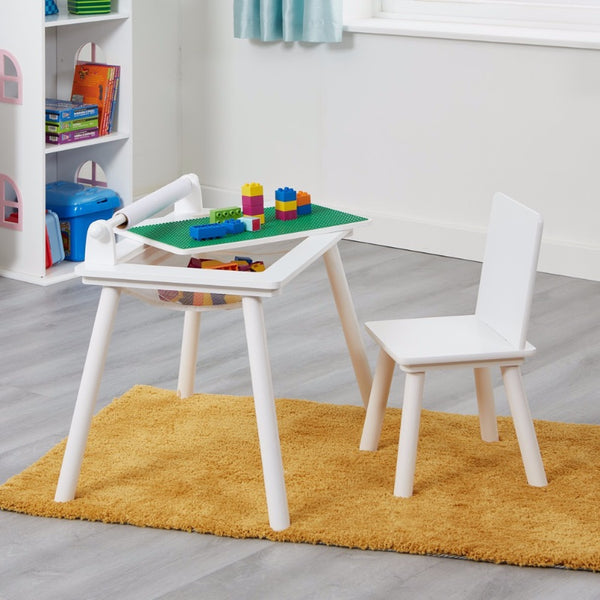 Liberty House White Wooden Writing Multipurpose Desk & Chair Set-2 FREE tubs of natural Playdough of Wonderdough and 2 stencils